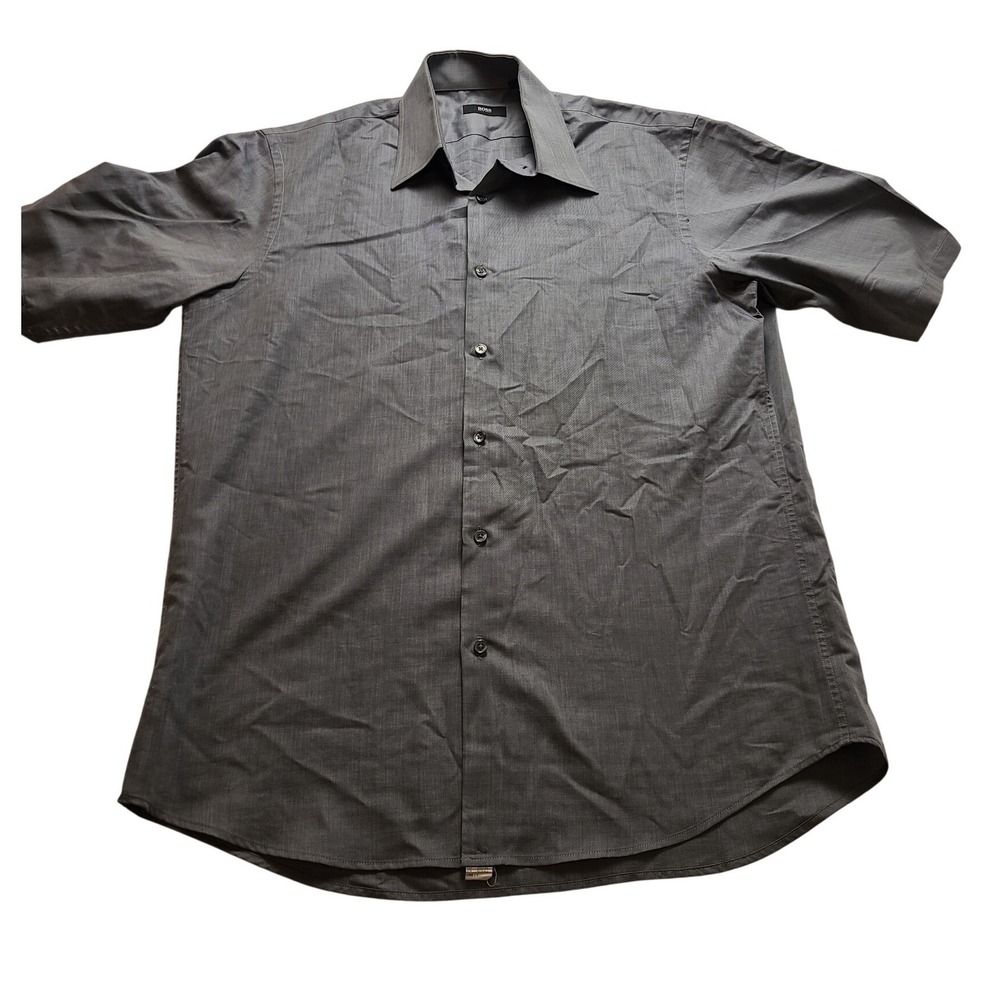 Hugo‎ Boss Men's Grey Textured Dress Shirt Size 16 34/35 Short Sleeve Button Up